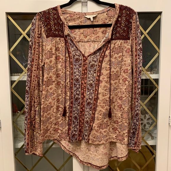 lucky Brand Long Sleeve Blouse Peasant Top - Picture 1 of 7